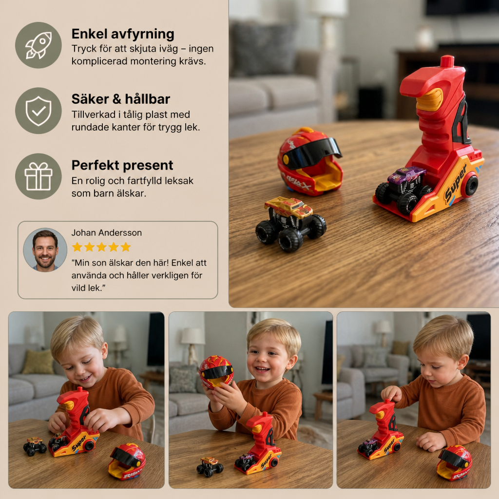 Enklicksmonstertruckskastare med hjälm- och handtagsdesign