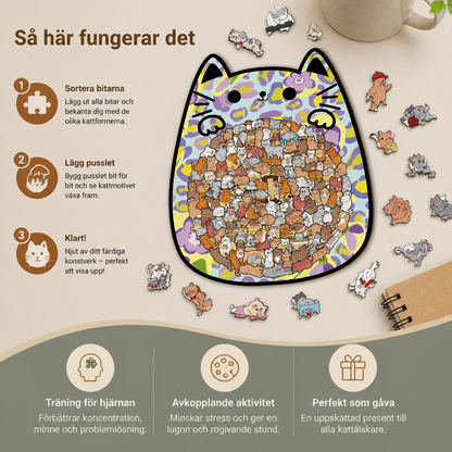 Träpussel med 135 bitar och kattformade pusselbitar