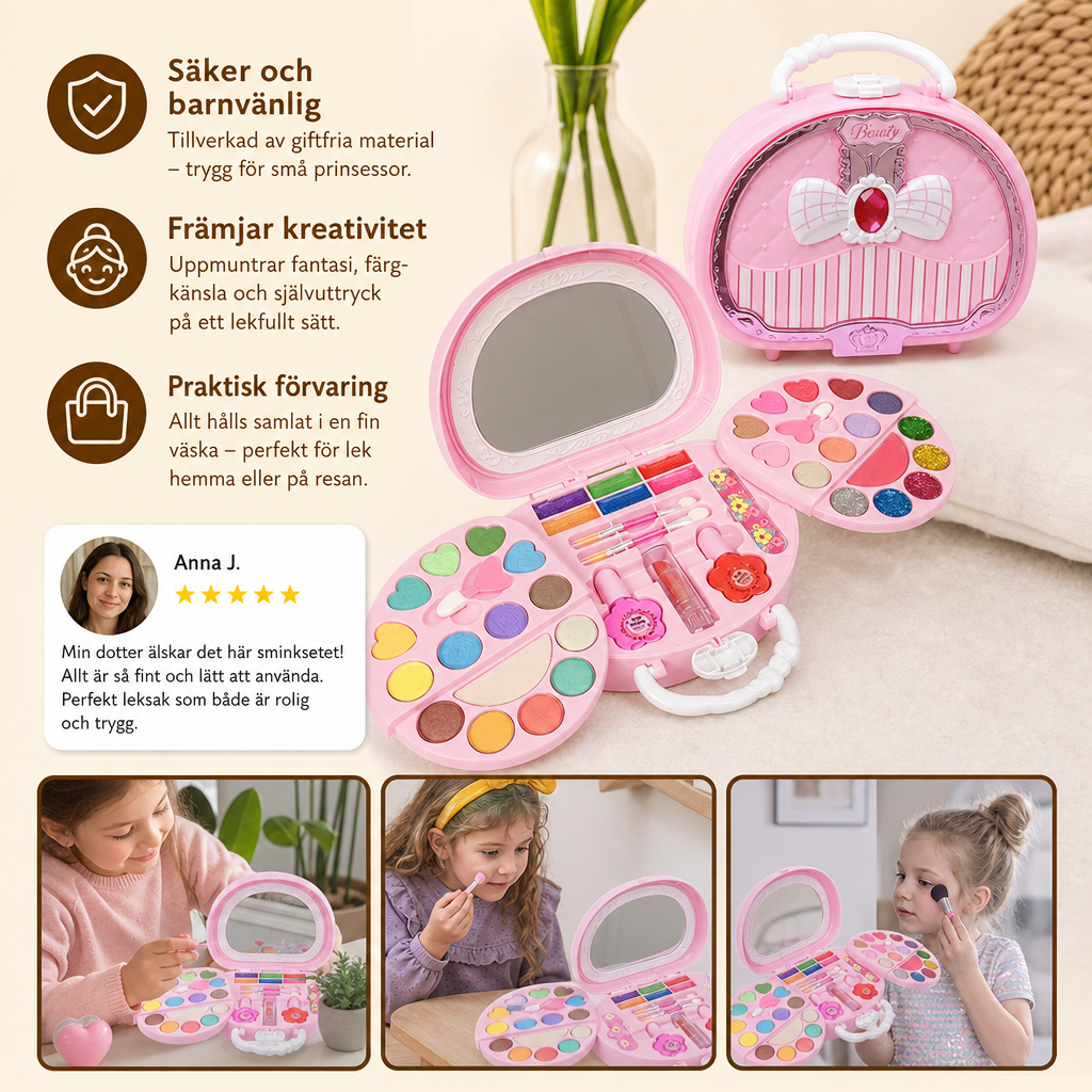 Tvättbart prinsessminkset för barn med nagellack och förvaringslåda