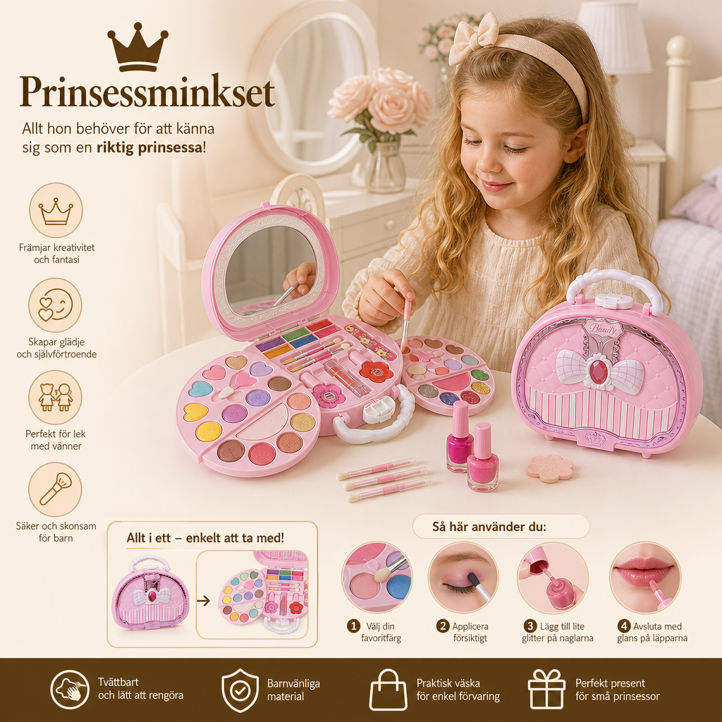 Tvättbart prinsessminkset för barn med nagellack och förvaringslåda