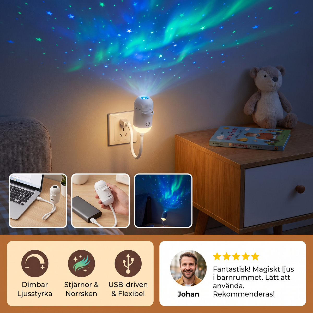 NightSky dimbar USB-galaxiprojektor med stjärn- och norrskenseffekter