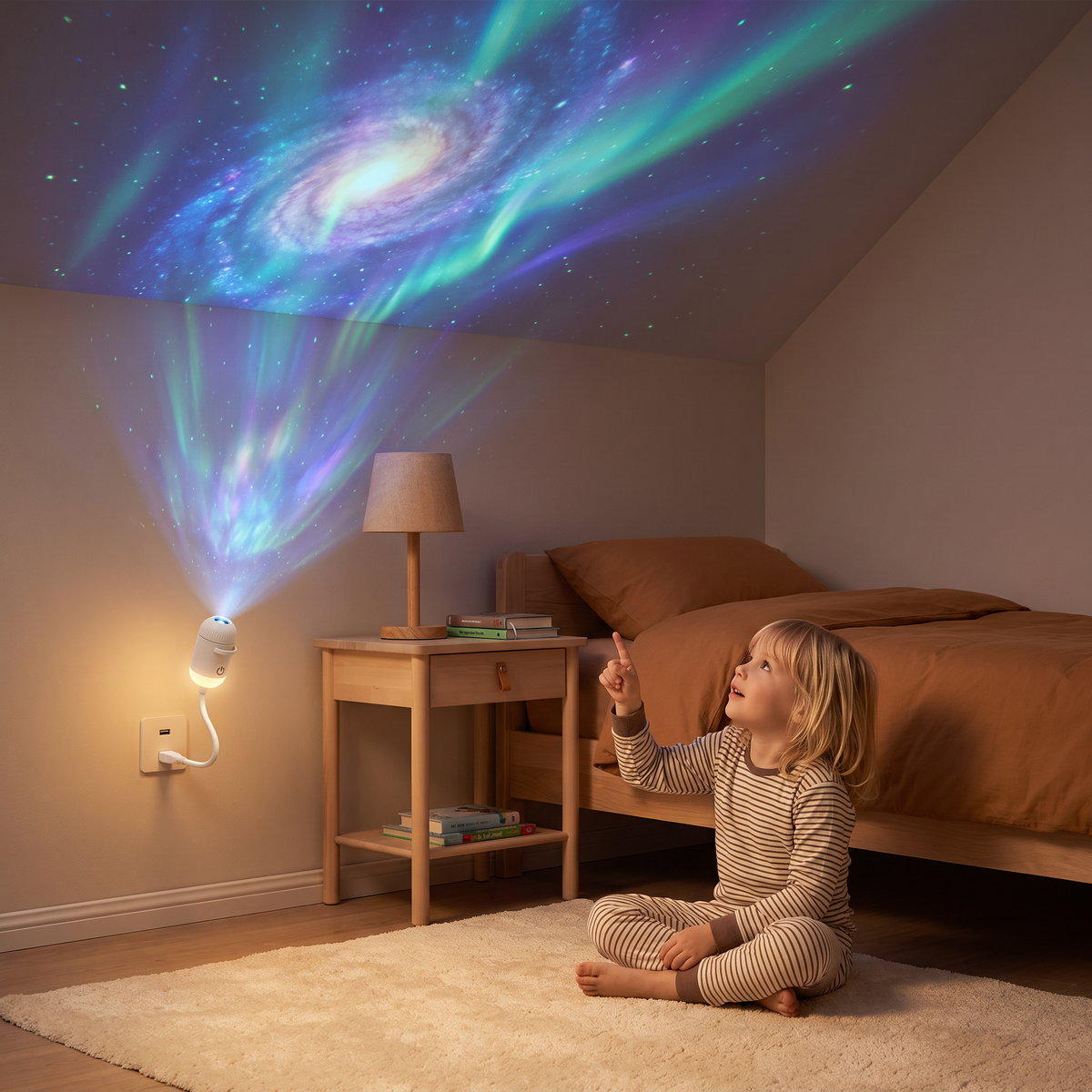 NightSky dimbar USB-galaxiprojektor med stjärn- och norrskenseffekter