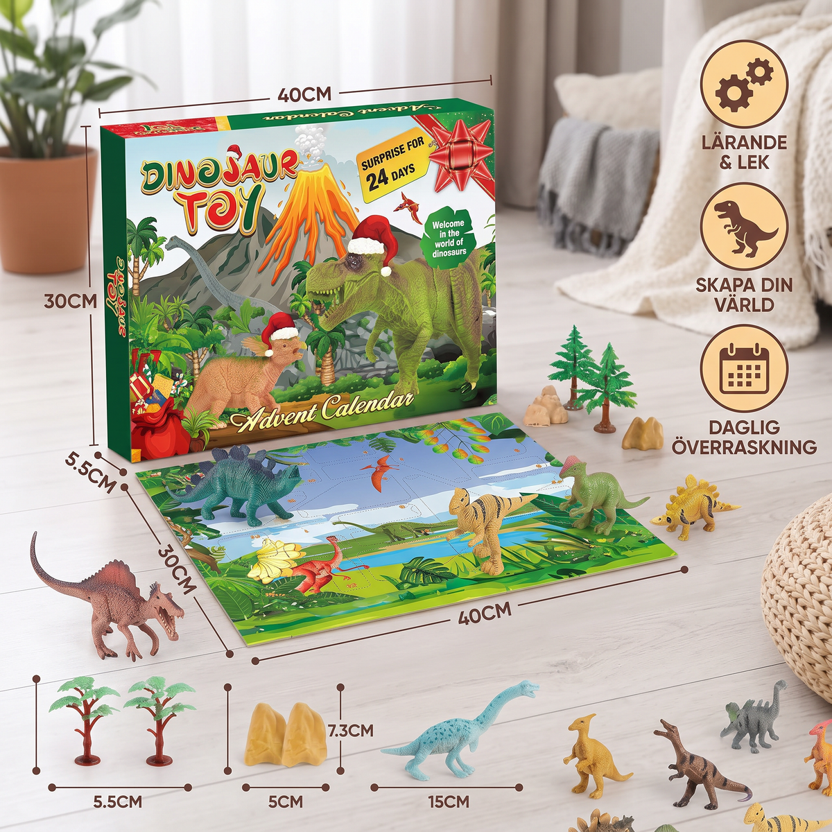 24-dagars adventskalender med dinosaurieleksaker och överraskningsfigurer