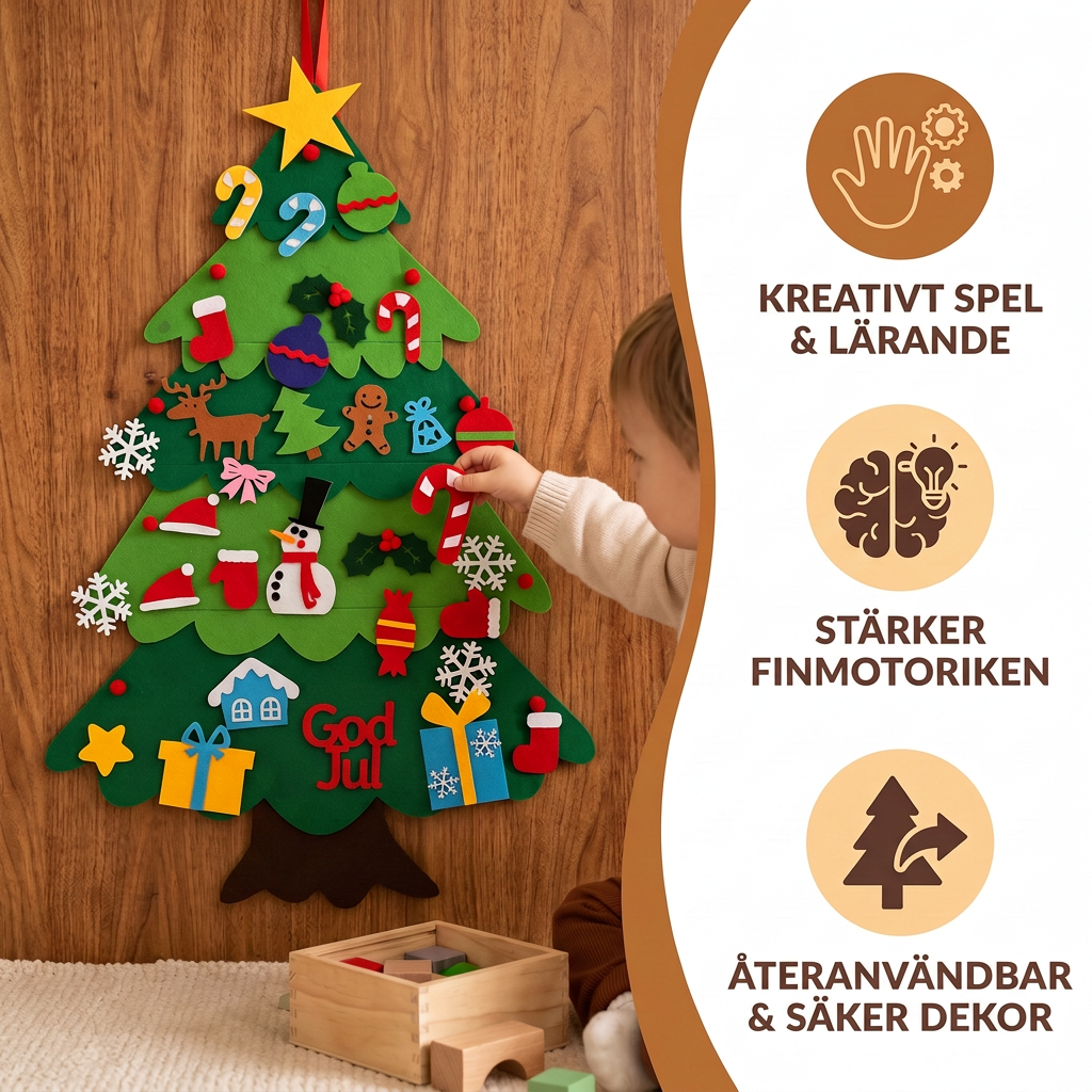 DIY-julgran i filt för barn med dekorativa hängen