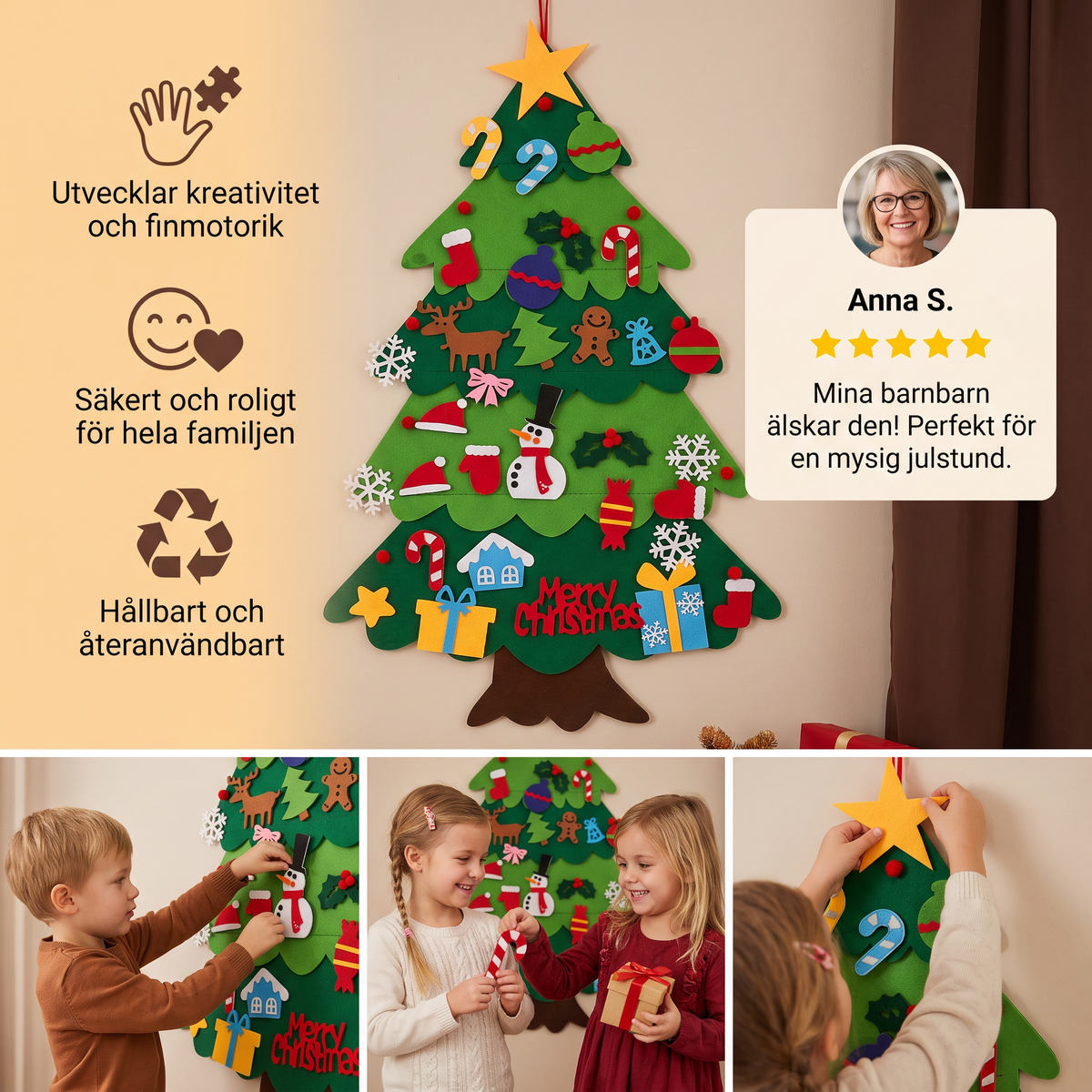 DIY-julgran i filt för barn med dekorativa hängen