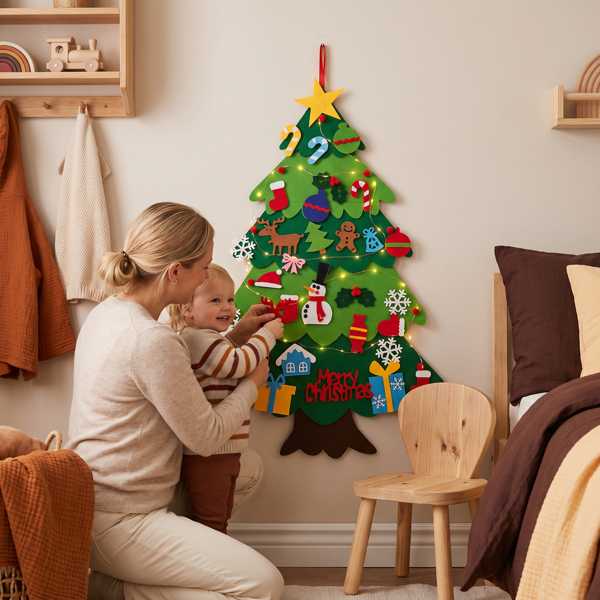 DIY-julgran i filt för barn med dekorativa hängen