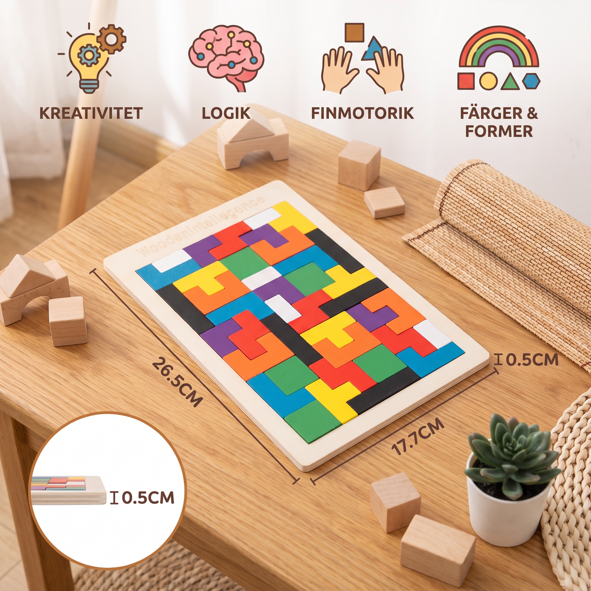 Pedagogiskt trä-tangram – Färgglatt Montessori-inspirerat lärspel för barn