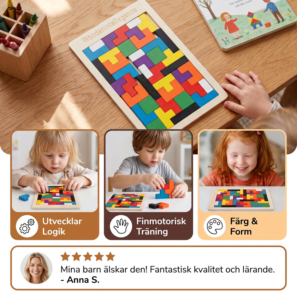 Pedagogiskt trä-tangram – Färgglatt Montessori-inspirerat lärspel för barn