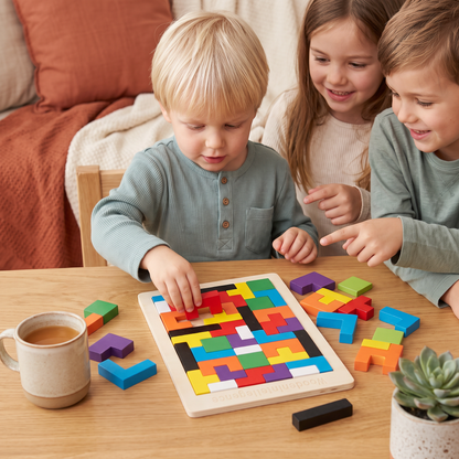 Pedagogiskt trä-tangram – Färgglatt Montessori-inspirerat lärspel för barn
