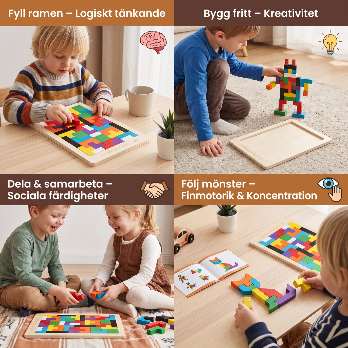 Pedagogiskt trä-tangram – Färgglatt Montessori-inspirerat lärspel för barn