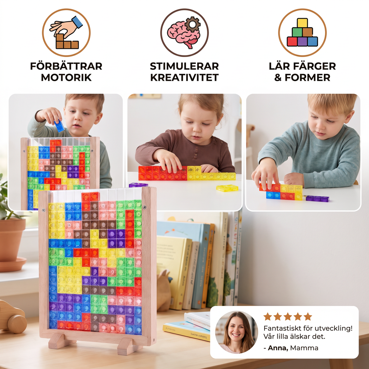 3D färgblockspussel med träram – pedagogiskt Montessori lärspel för barn