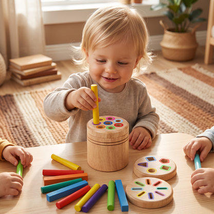 Montessori färg- och formsorteringsspel i trä – pedagogiskt leksak för finmotorik och sensorisk utveckling