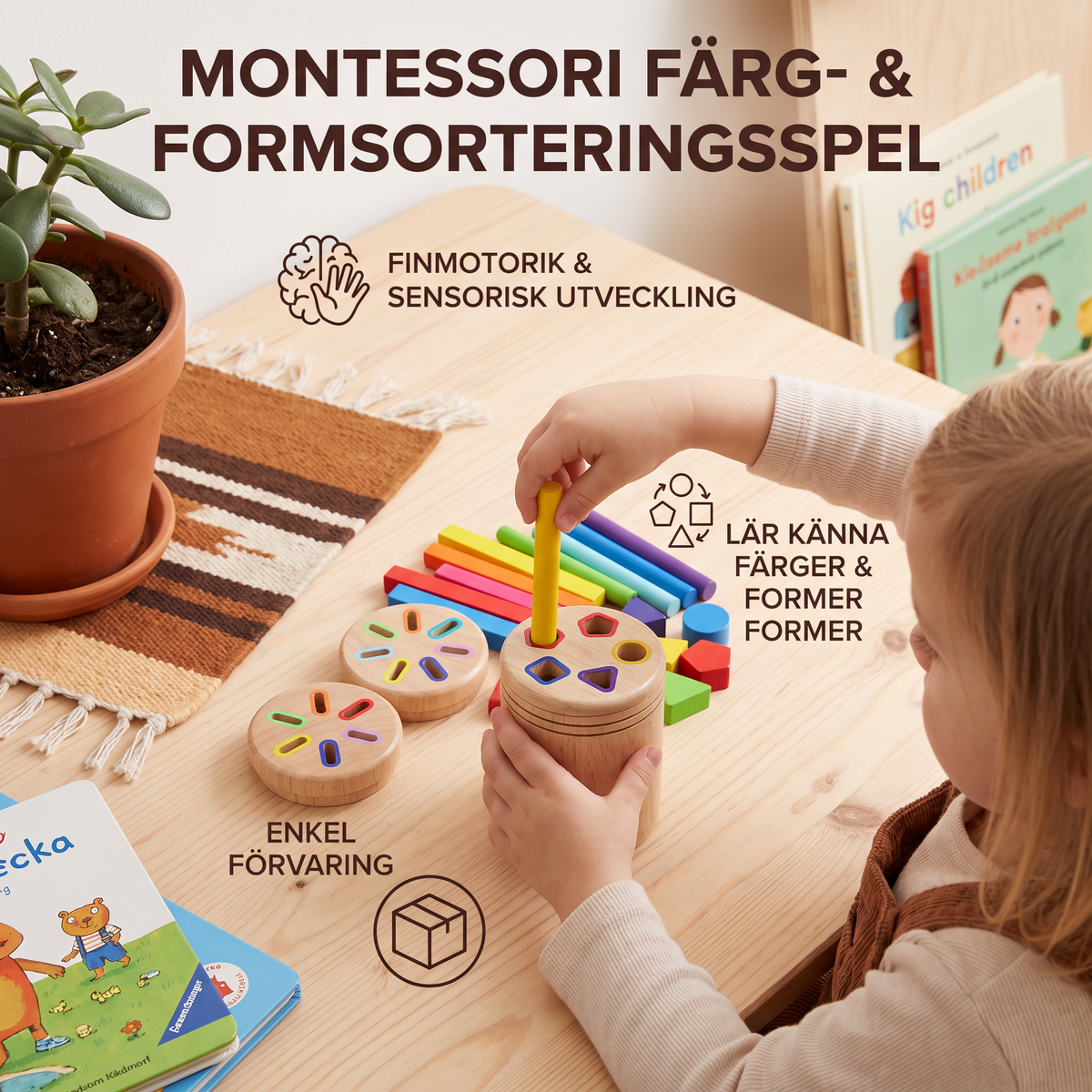 Montessori färg- och formsorteringsspel i trä – pedagogiskt leksak för finmotorik och sensorisk utveckling
