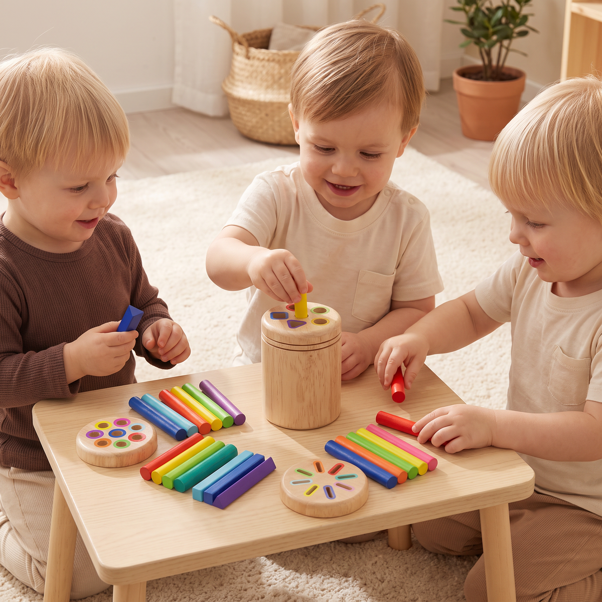 Montessori färg- och formsorteringsspel i trä – pedagogiskt leksak för finmotorik och sensorisk utveckling