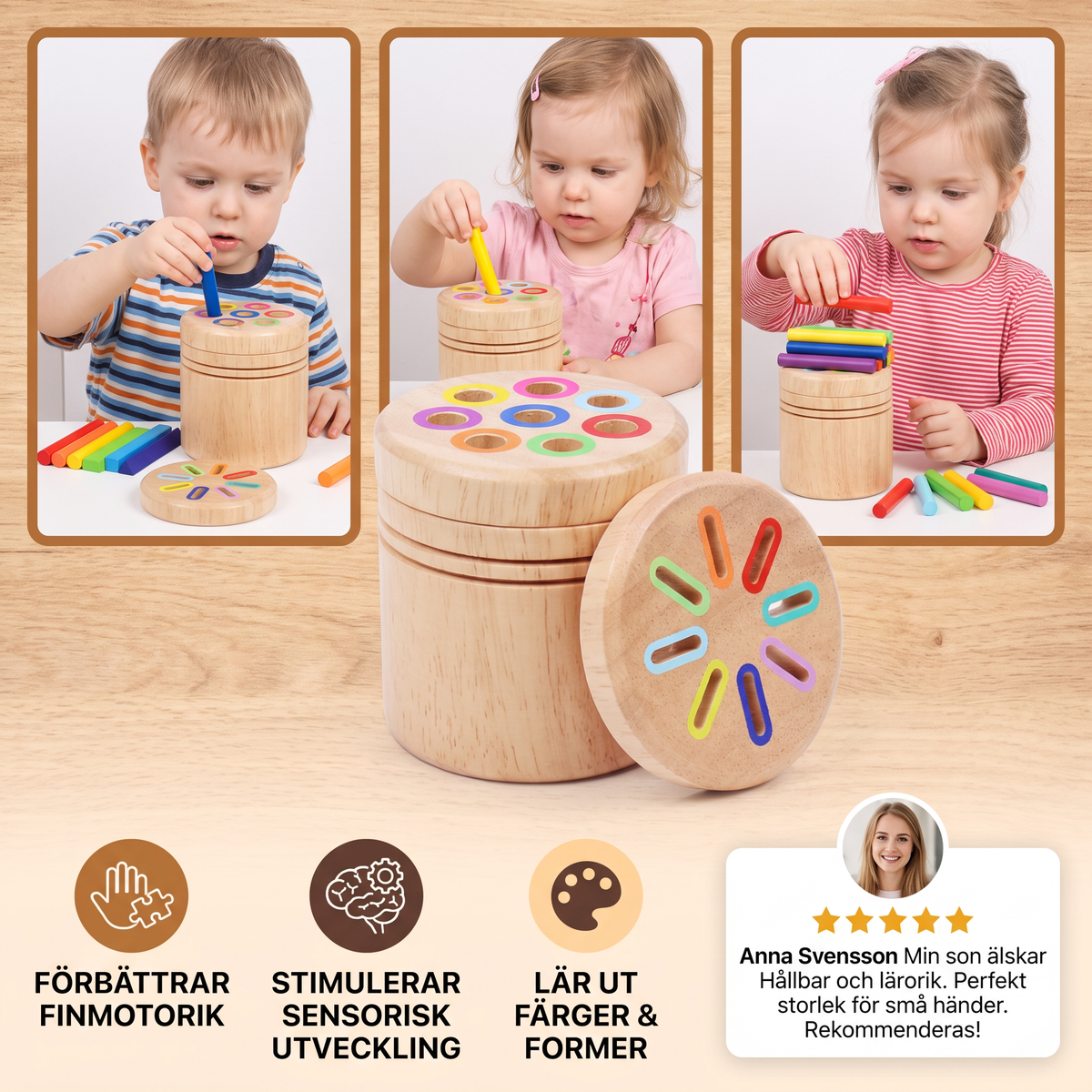 Montessori färg- och formsorteringsspel i trä – pedagogiskt leksak för finmotorik och sensorisk utveckling