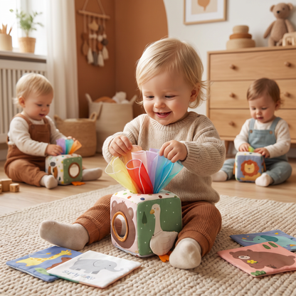 Montessori sensorisk aktivitetslåda för bebisar – mjuk prassel- och känselleksak