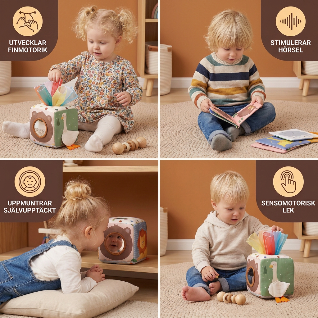 Montessori sensorisk aktivitetslåda för bebisar – mjuk prassel- och känselleksak