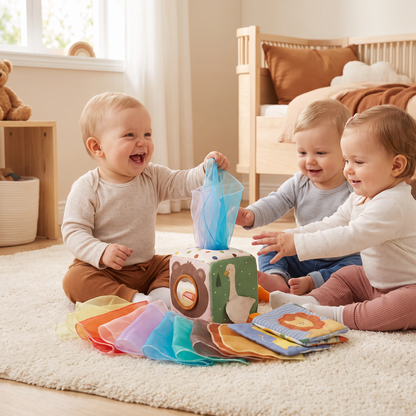 Montessori sensorisk aktivitetslåda för bebisar – mjuk prassel- och känselleksak