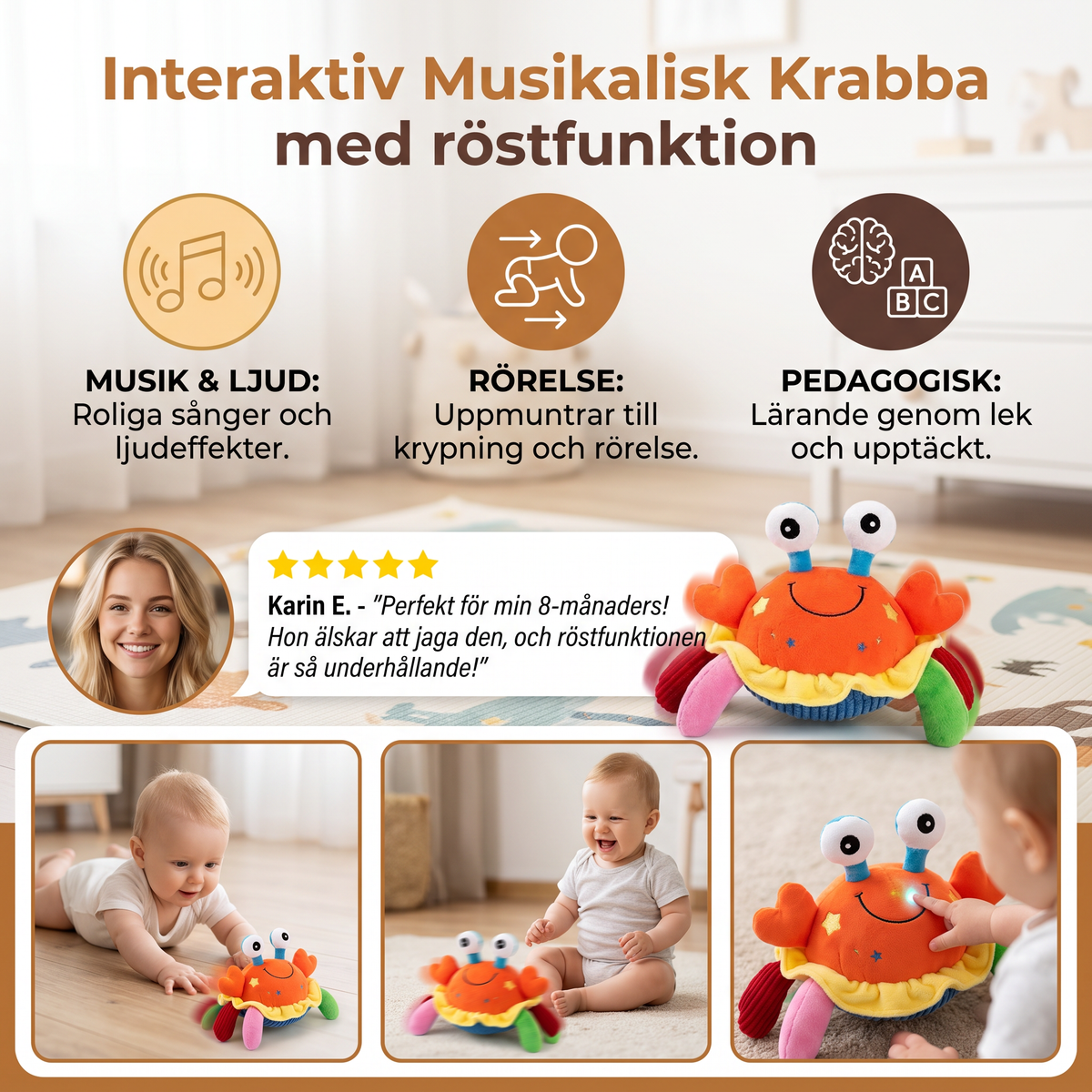 Interaktiv musikalisk krabba med röstfunktion – Rörlig pedagogisk leksak för bebisar