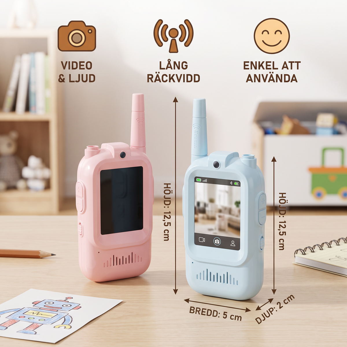 Set 2 Walkie-Talkies Video för Barn – Interkom med Kamera och Skärm