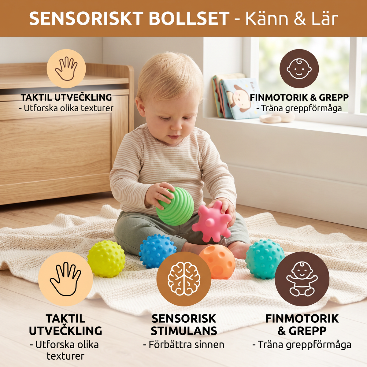 Sensoriskt Bollset för Bebisar – Texturerad Känn- och Beröringslek för Taktil Utveckling