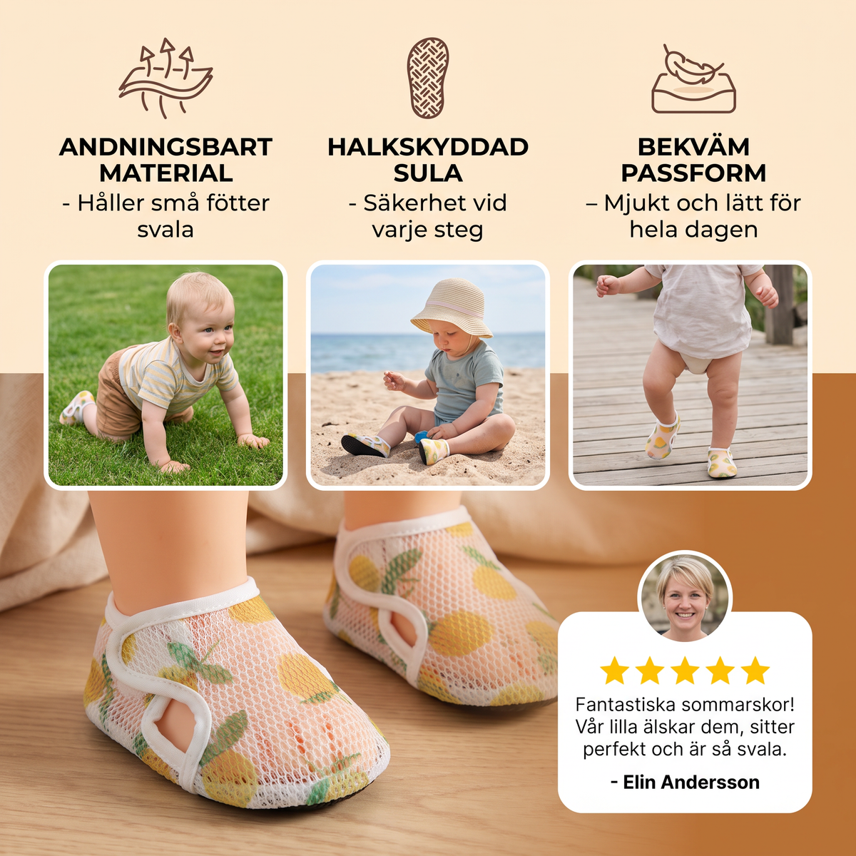 Sommarbarnskor i andningsbart material med fruktdesign