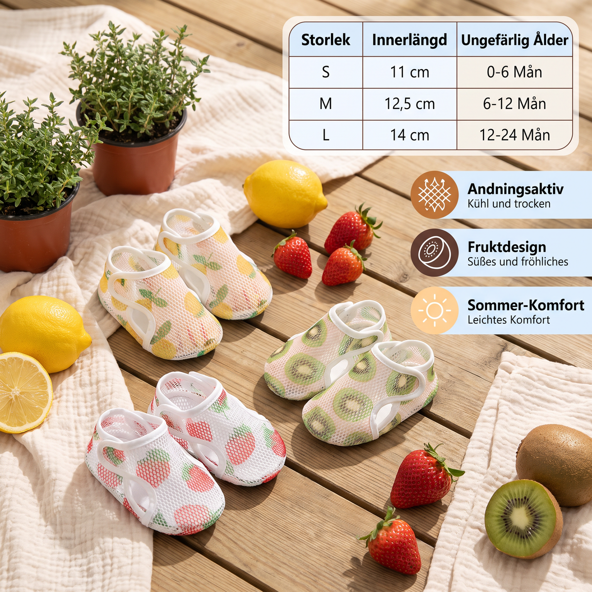 Sommarbarnskor i andningsbart material med fruktdesign