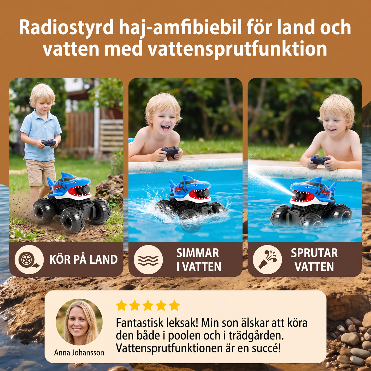 Radiostyrd haj-amfibiebil för land och vatten med vattensprutfunktion