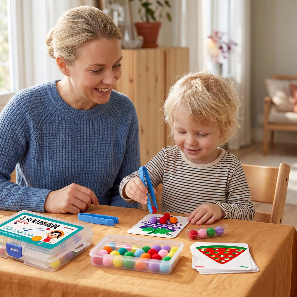 Montessorispel med Pompombollar för Färger, Siffror och Finmotorik