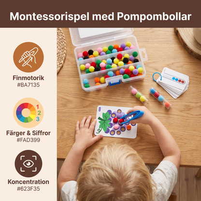 Montessorispel med Pompombollar för Färger, Siffror och Finmotorik