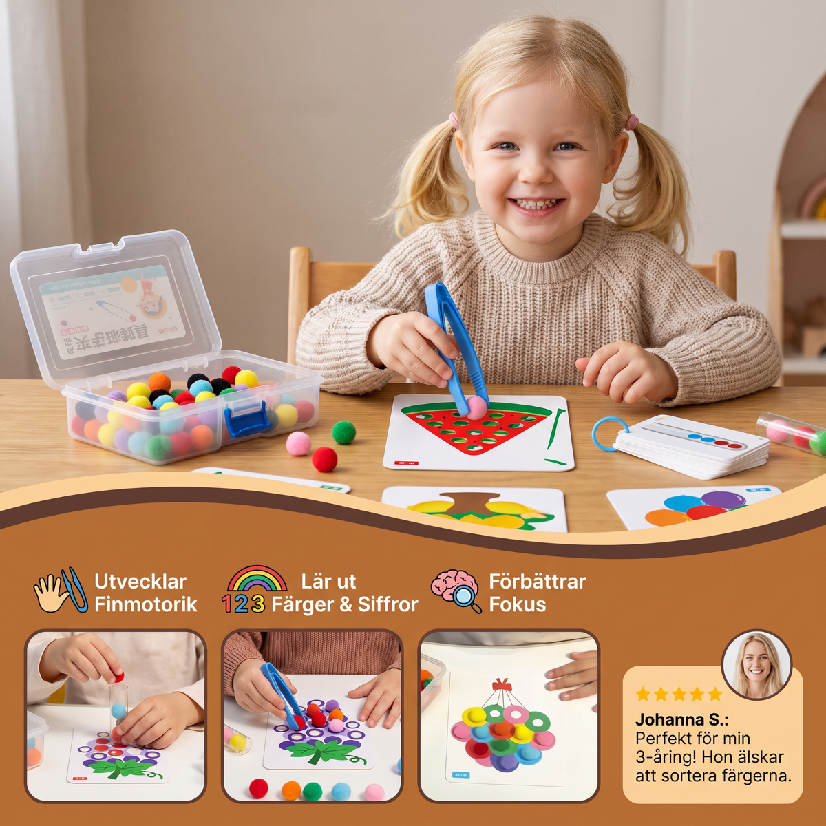 Montessorispel med Pompombollar för Färger, Siffror och Finmotorik
