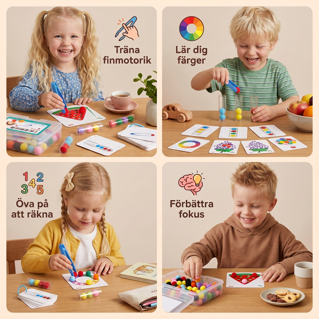 Montessorispel med Pompombollar för Färger, Siffror och Finmotorik