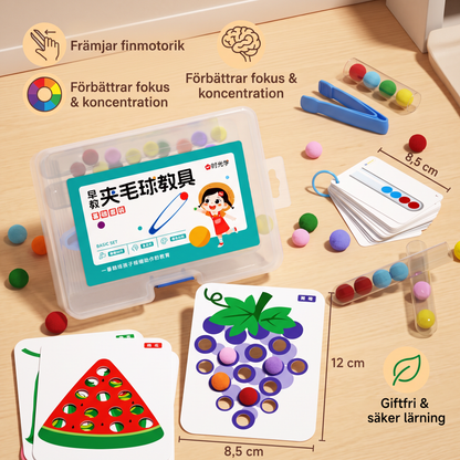 Montessorispel med Pompombollar för Färger, Siffror och Finmotorik