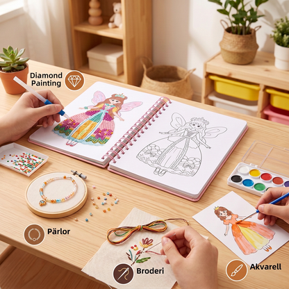 4-i-1 Pysselset med Älvprinsessa för barn – Diamond Painting, Pärlor, Broderi & Akvarell