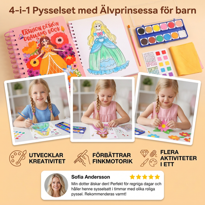 4-i-1 Pysselset med Älvprinsessa för barn – Diamond Painting, Pärlor, Broderi & Akvarell