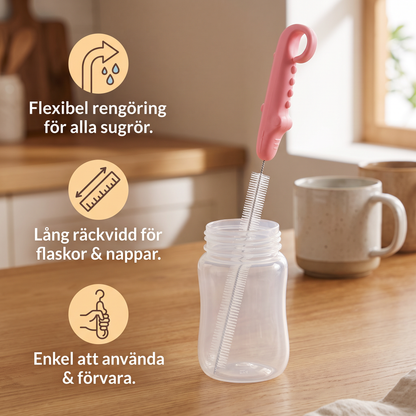 Elastisk Sugerörs‑Rengöringsborste – Lång Rör‑Rengörare för Flaskor, Nappar & Drickmuggar