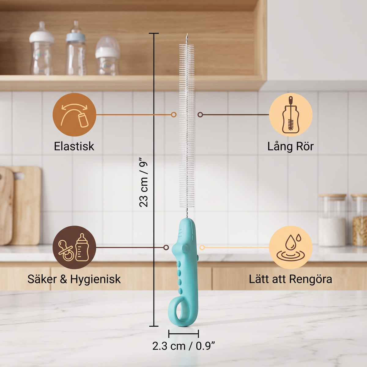 Elastisk Sugerörs‑Rengöringsborste – Lång Rör‑Rengörare för Flaskor, Nappar & Drickmuggar