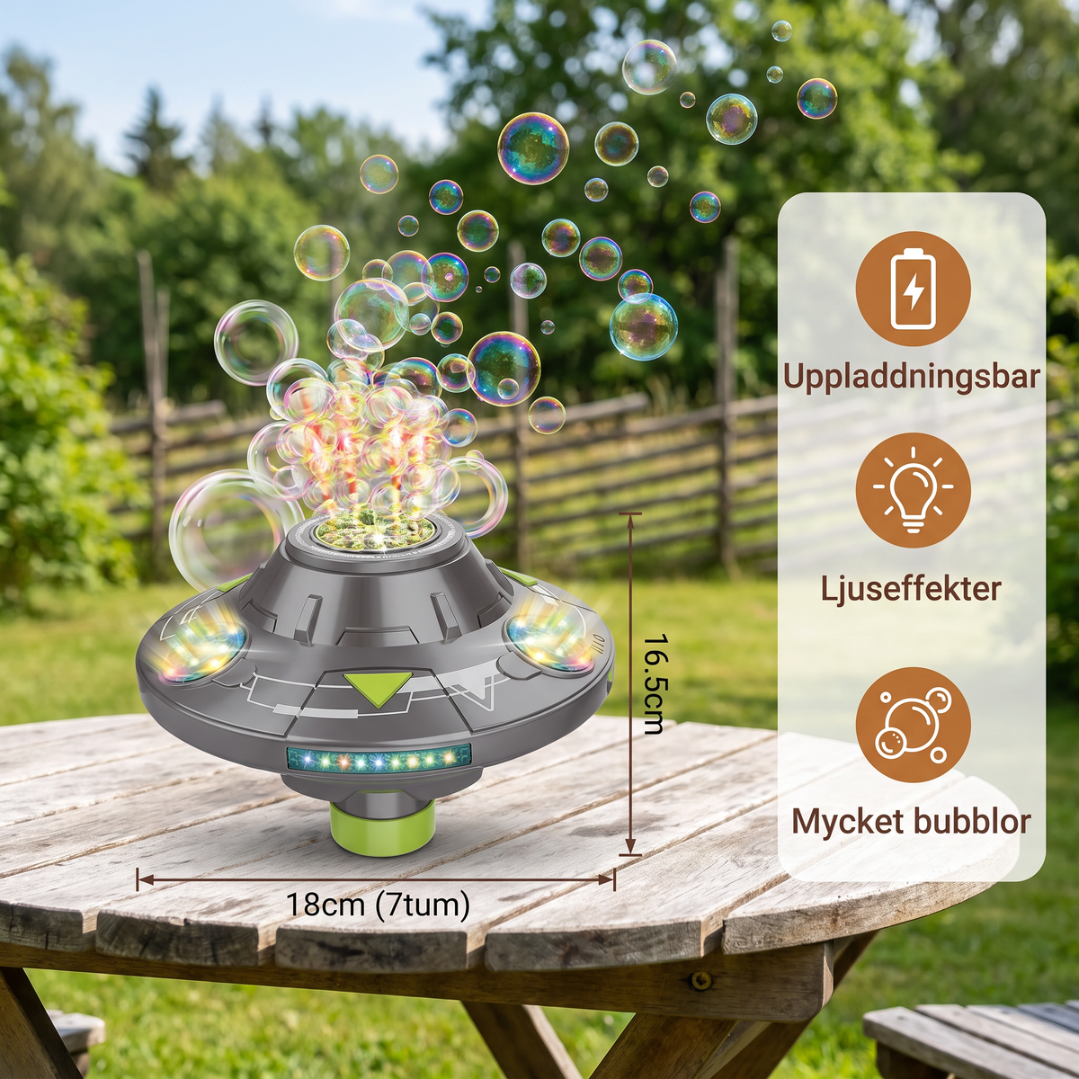 Lysande UFO-såpbubbelmaskin för barn – Uppladdningsbar Bubbelkarusell med Ljuseffekter