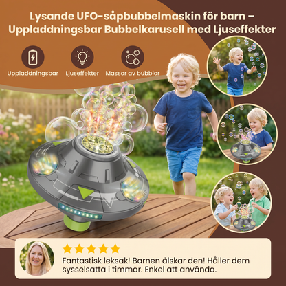 Lysande UFO-såpbubbelmaskin för barn – Uppladdningsbar Bubbelkarusell med Ljuseffekter