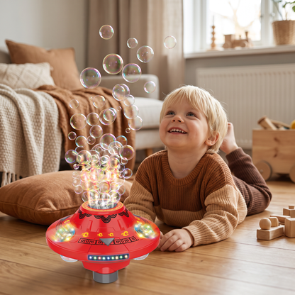 Lysande UFO-såpbubbelmaskin för barn – Uppladdningsbar Bubbelkarusell med Ljuseffekter
