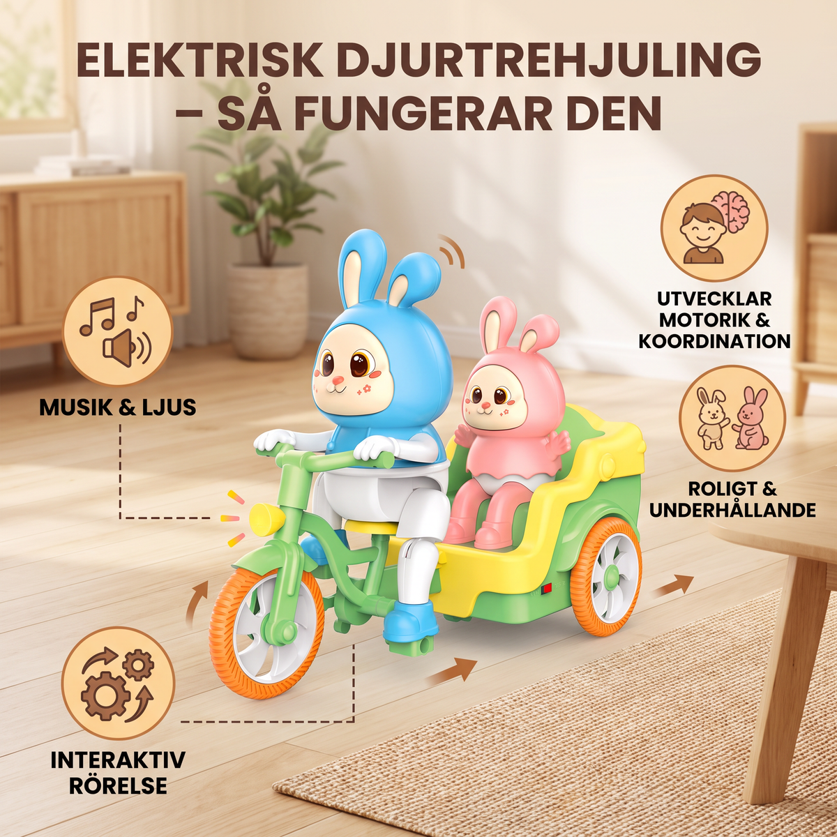 Elektrisk Djurtrehjuling – Interaktivt Åkleksak med Musik och Ljus för Barn