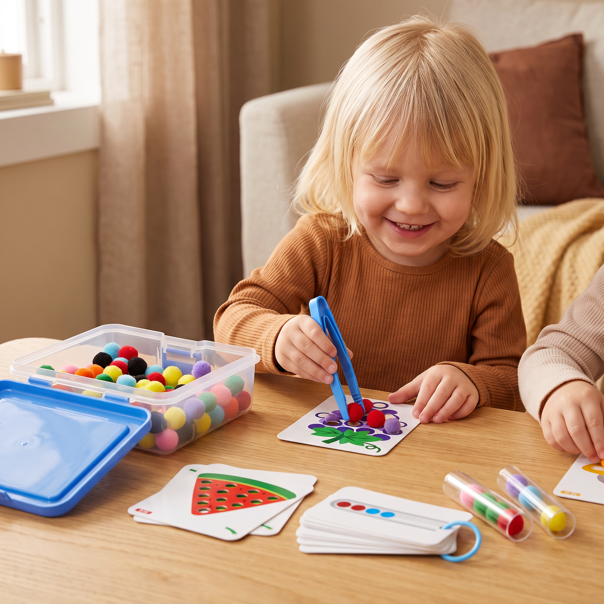 Montessorispel med Pompombollar för Färger, Siffror och Finmotorik
