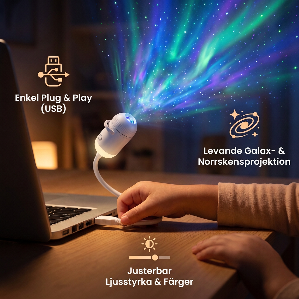 NightSky dimbar USB-galaxiprojektor med stjärn- och norrskenseffekter