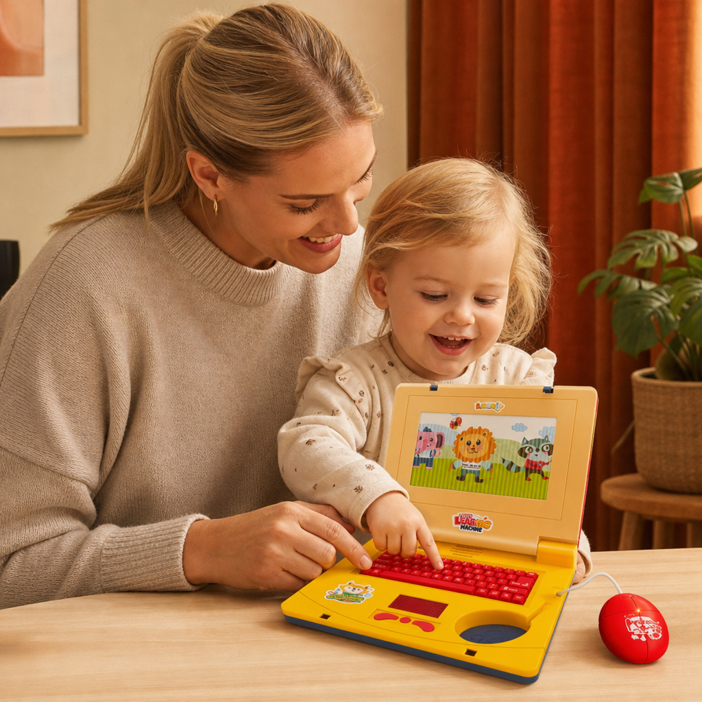 Interaktiv laptop för barn med ljus, musik och rullande skärm