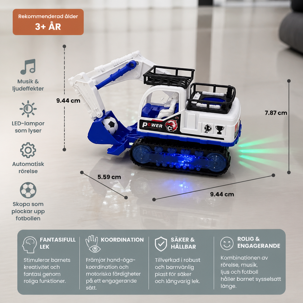 Musikalisk leksaksgrävmaskin med automatisk fotbollsskopa och LED-lampor