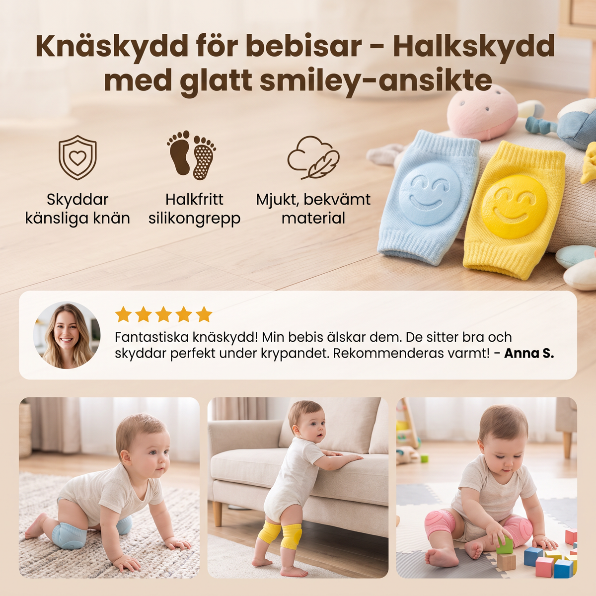 Knäskydd för bebisar – Halkskydd med glatt smiley-ansikte