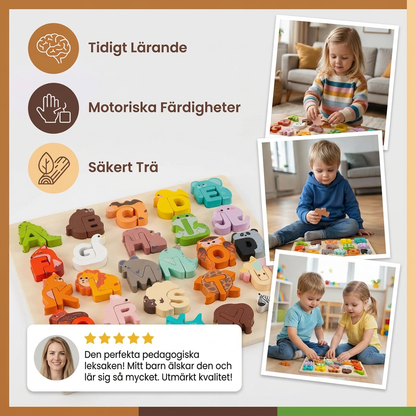 Träalfabetspussel Med Djurmotiv – A–Z Leksak För Lärande För Barn