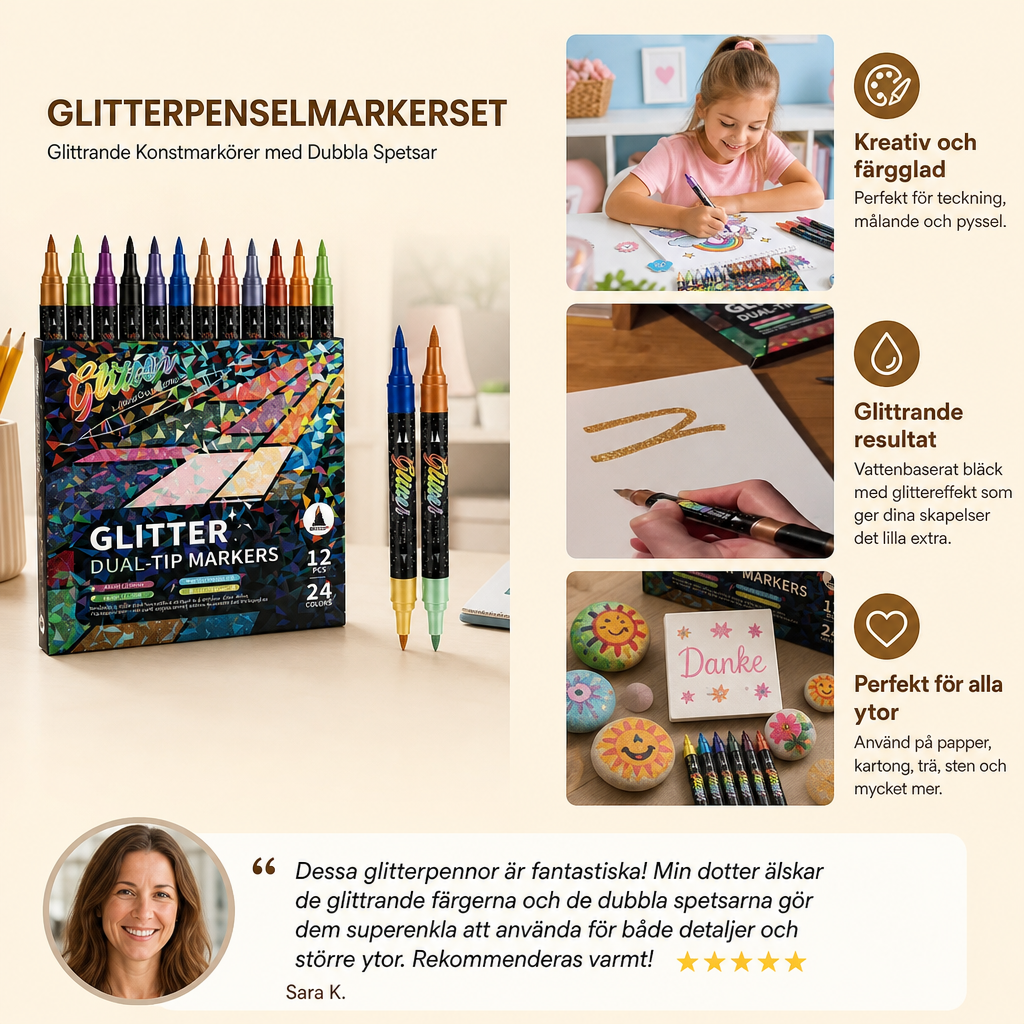 Glitterpenselmarkerset – Glittrande Konstmarkörer med Dubbla Spetsar