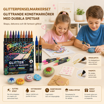 Glitterpenselmarkerset – Glittrande Konstmarkörer med Dubbla Spetsar
