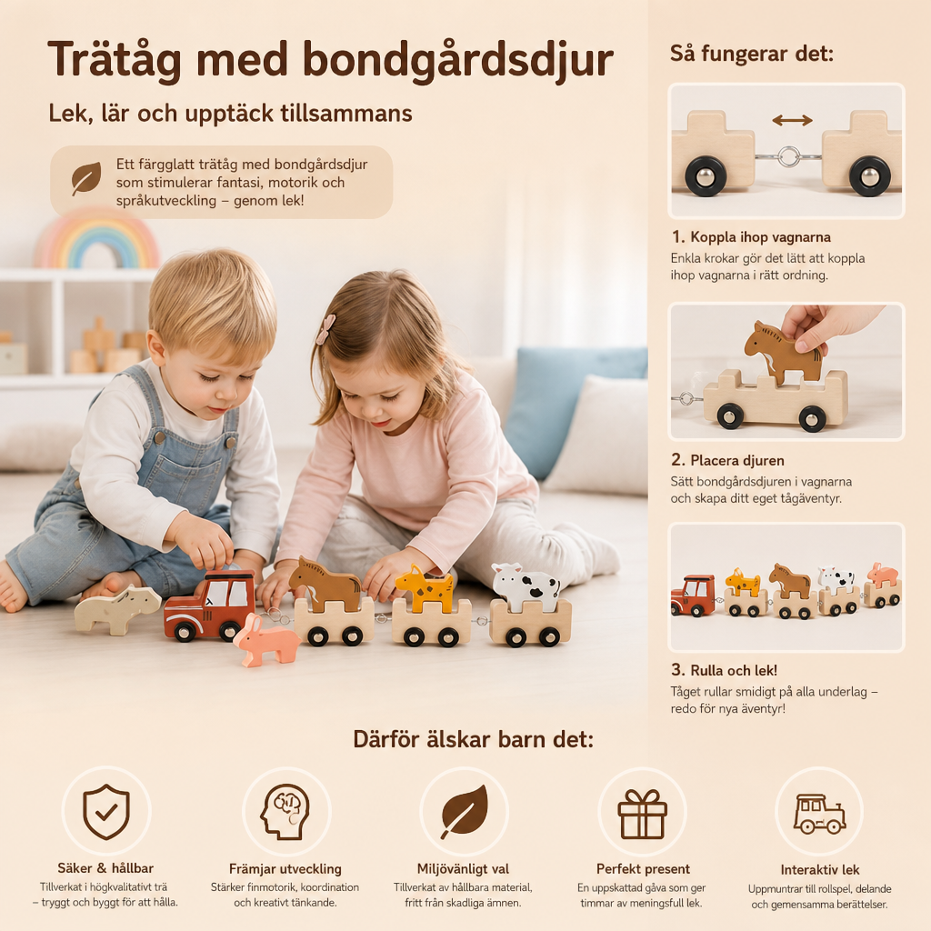 Trätåg med bondgårdsdjur – leksak med flexibla hjul för barn